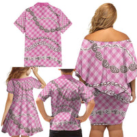 Pink Aloha Hawaii Shell Lei Family Matching Off Shoulder Short Dress and Hawaiian Shirt Palaka Hebrew Cone Honey Cowrie Elegant Curves - Polynesian Pride