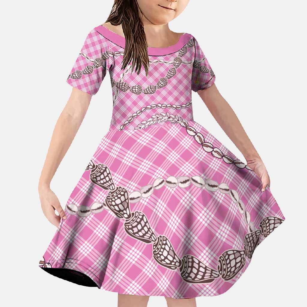 Pink Aloha Hawaii Shell Lei Family Matching Short Sleeve Bodycon Dress and Hawaiian Shirt Palaka Hebrew Cone Honey Cowrie Elegant Curves - Polynesian Pride