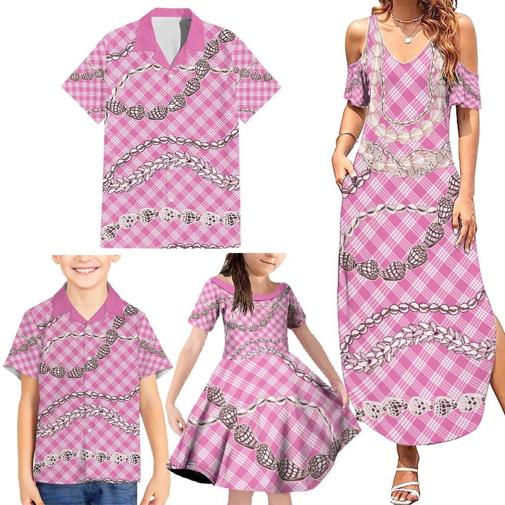 Pink Aloha Hawaii Shell Lei Family Matching Summer Maxi Dress and Hawaiian Shirt Palaka Hebrew Cone Honey Cowrie Elegant Curves - Polynesian Pride