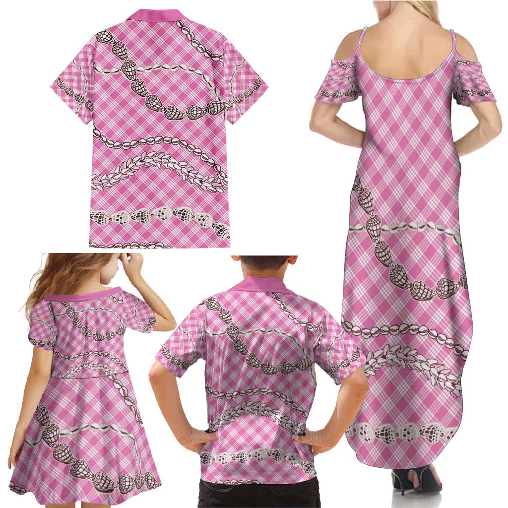 Pink Aloha Hawaii Shell Lei Family Matching Summer Maxi Dress and Hawaiian Shirt Palaka Hebrew Cone Honey Cowrie Elegant Curves - Polynesian Pride