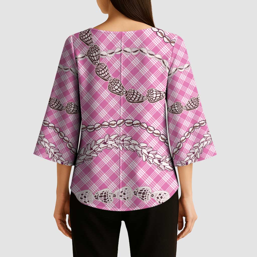 Pink Aloha Hawaii Shell Lei Kimono Sleeve Blouse Palaka Hebrew Cone Honey Cowrie Elegant Curves - Polynesian Pride
