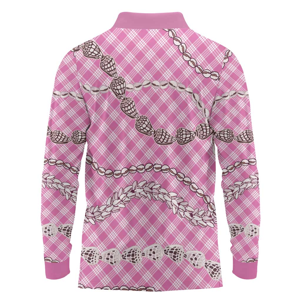 Pink Aloha Hawaii Shell Lei Long Sleeve Polo Shirt Palaka Hebrew Cone Honey Cowrie Elegant Curves - Polynesian Pride