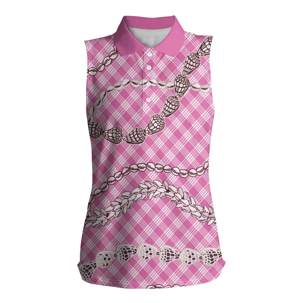 Pink Aloha Hawaii Shell Lei Women Sleeveless Polo Shirt Palaka Hebrew Cone Honey Cowrie Elegant Curves - Polynesian Pride