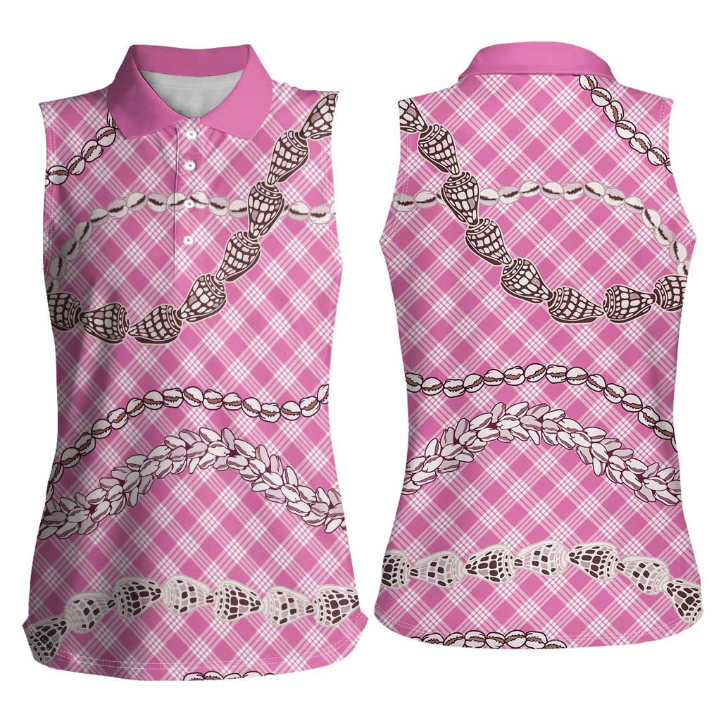 Pink Aloha Hawaii Shell Lei Women Sleeveless Polo Shirt Palaka Hebrew Cone Honey Cowrie Elegant Curves - Polynesian Pride