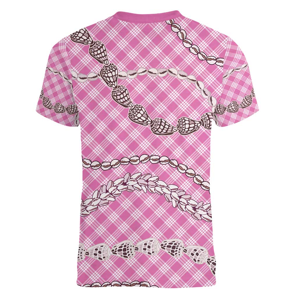 Pink Aloha Hawaii Shell Lei Women V-Neck T-Shirt Palaka Hebrew Cone Honey Cowrie Elegant Curves - Polynesian Pride