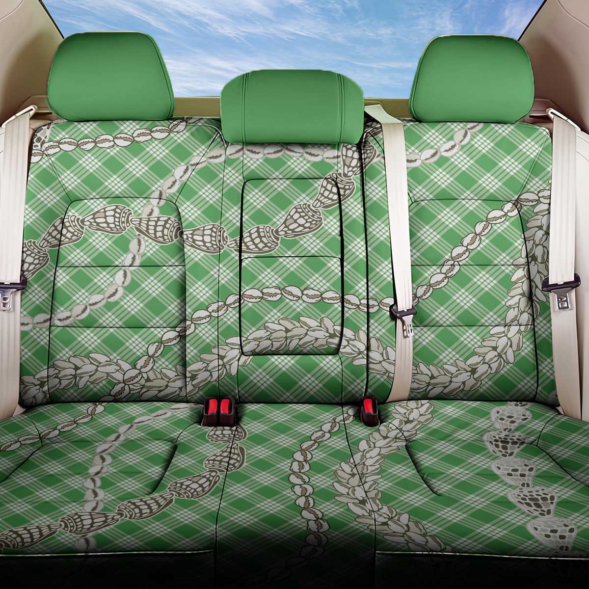 Green Aloha Hawaii Shell Lei Back Car Seat Cover Palaka Hebrew Cone Honey Cowrie Elegant Curves - Polynesian Pride