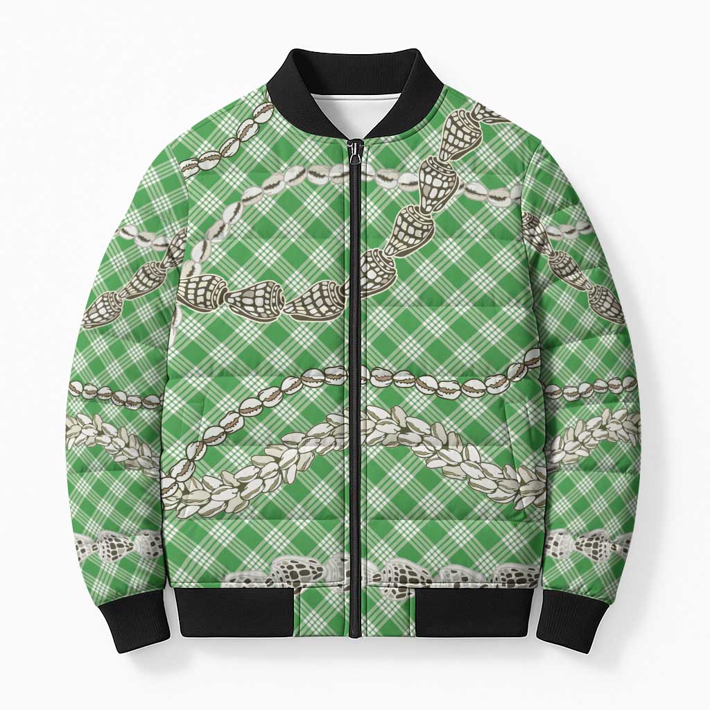 Green Aloha Hawaii Shell Lei Bomber Puffer Jacket Palaka Hebrew Cone Honey Cowrie Elegant Curves - Polynesian Pride
