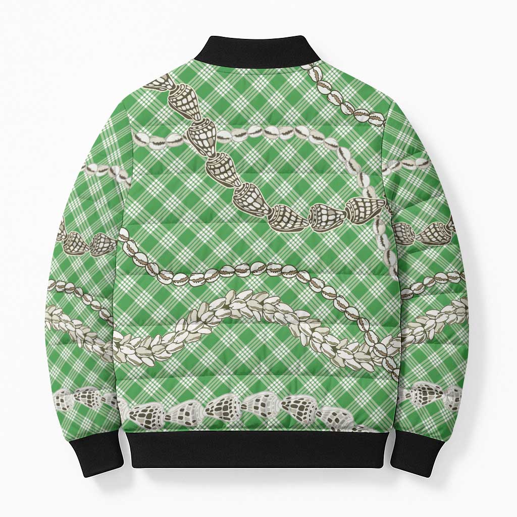 Green Aloha Hawaii Shell Lei Bomber Puffer Jacket Palaka Hebrew Cone Honey Cowrie Elegant Curves - Polynesian Pride