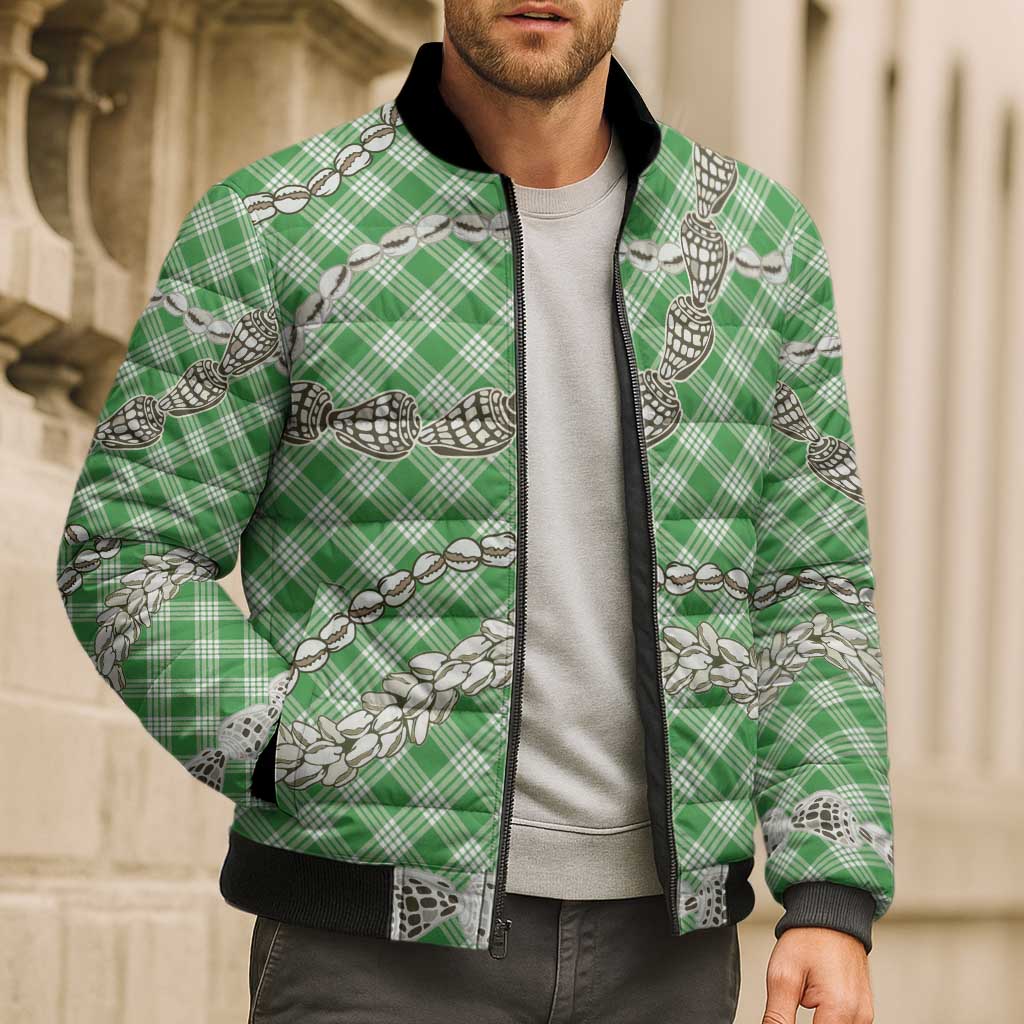 Green Aloha Hawaii Shell Lei Bomber Puffer Jacket Palaka Hebrew Cone Honey Cowrie Elegant Curves - Polynesian Pride
