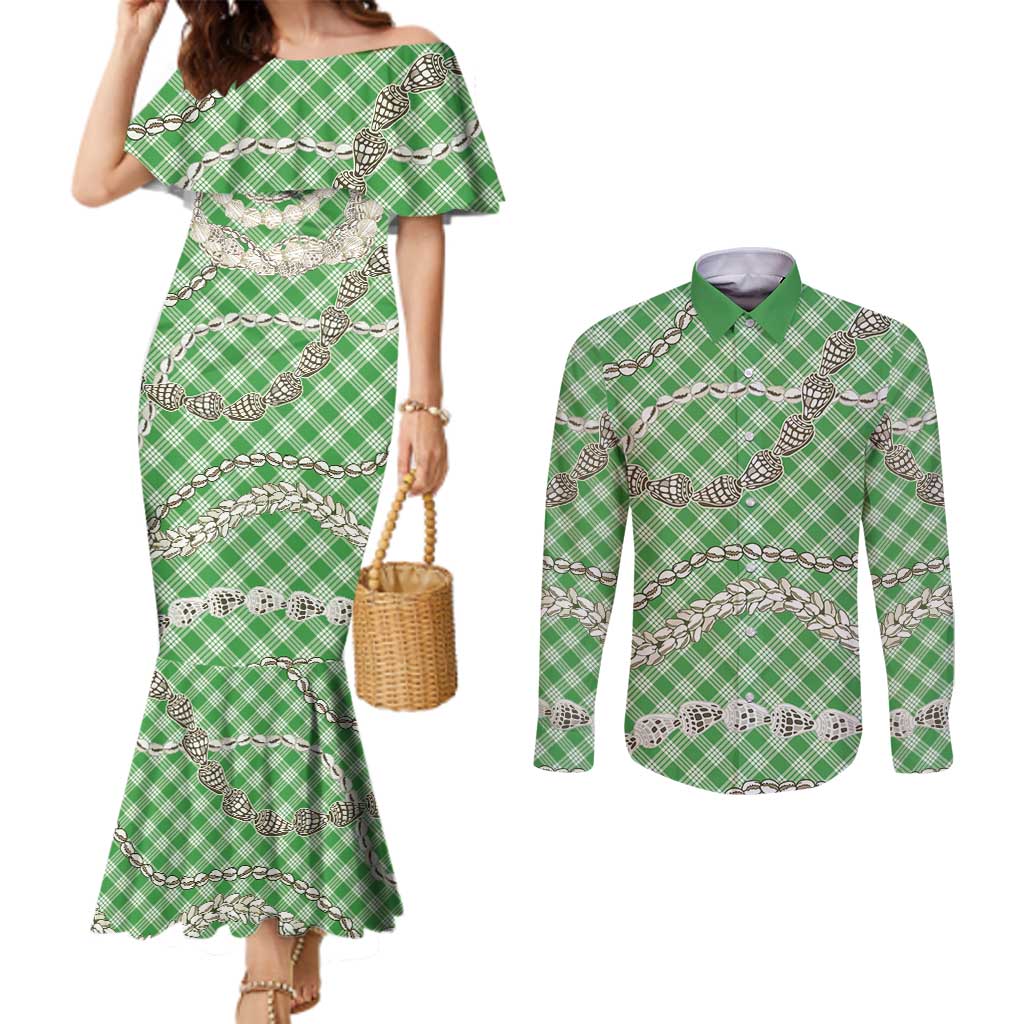 Green Aloha Hawaii Shell Lei Couples Matching Mermaid Dress and Long Sleeve Button Shirt Palaka Hebrew Cone Honey Cowrie Elegant Curves - Polynesian Pride