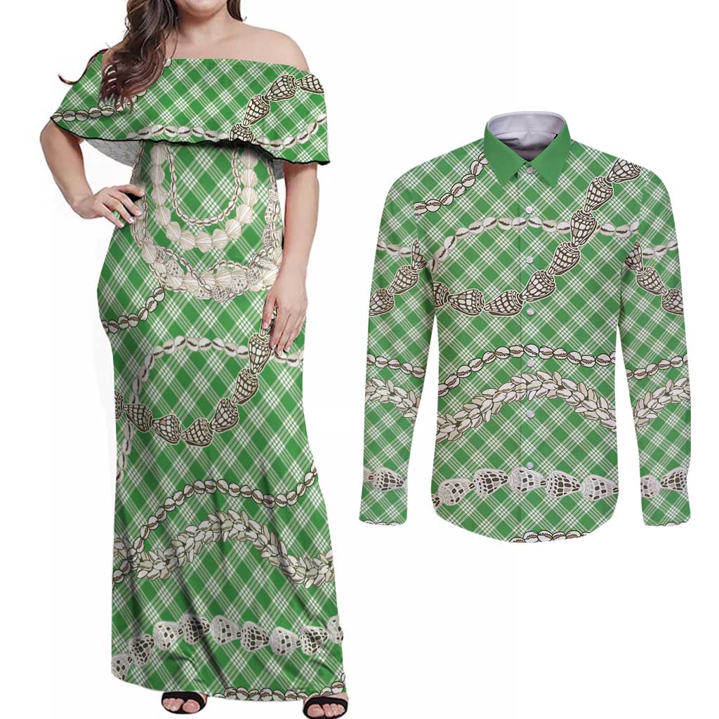 Green Aloha Hawaii Shell Lei Couples Matching Off Shoulder Maxi Dress and Long Sleeve Button Shirt Palaka Hebrew Cone Honey Cowrie Elegant Curves - Polynesian Pride