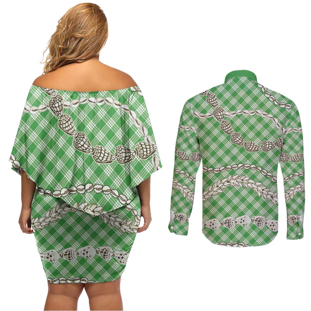 Green Aloha Hawaii Shell Lei Couples Matching Off Shoulder Short Dress and Long Sleeve Button Shirt Palaka Hebrew Cone Honey Cowrie Elegant Curves - Polynesian Pride