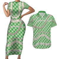 Green Aloha Hawaii Shell Lei Couples Matching Short Sleeve Bodycon Dress and Hawaiian Shirt Palaka Hebrew Cone Honey Cowrie Elegant Curves - Polynesian Pride