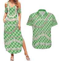 Green Aloha Hawaii Shell Lei Couples Matching Summer Maxi Dress and Hawaiian Shirt Palaka Hebrew Cone Honey Cowrie Elegant Curves - Polynesian Pride
