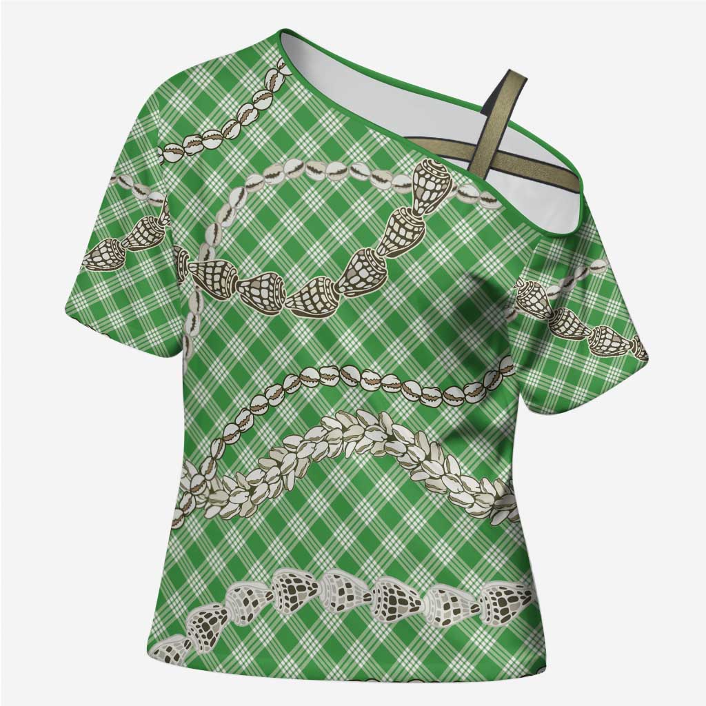 Green Aloha Hawaii Shell Lei Cross Shoulder Shirt Palaka Hebrew Cone Honey Cowrie Elegant Curves - Polynesian Pride