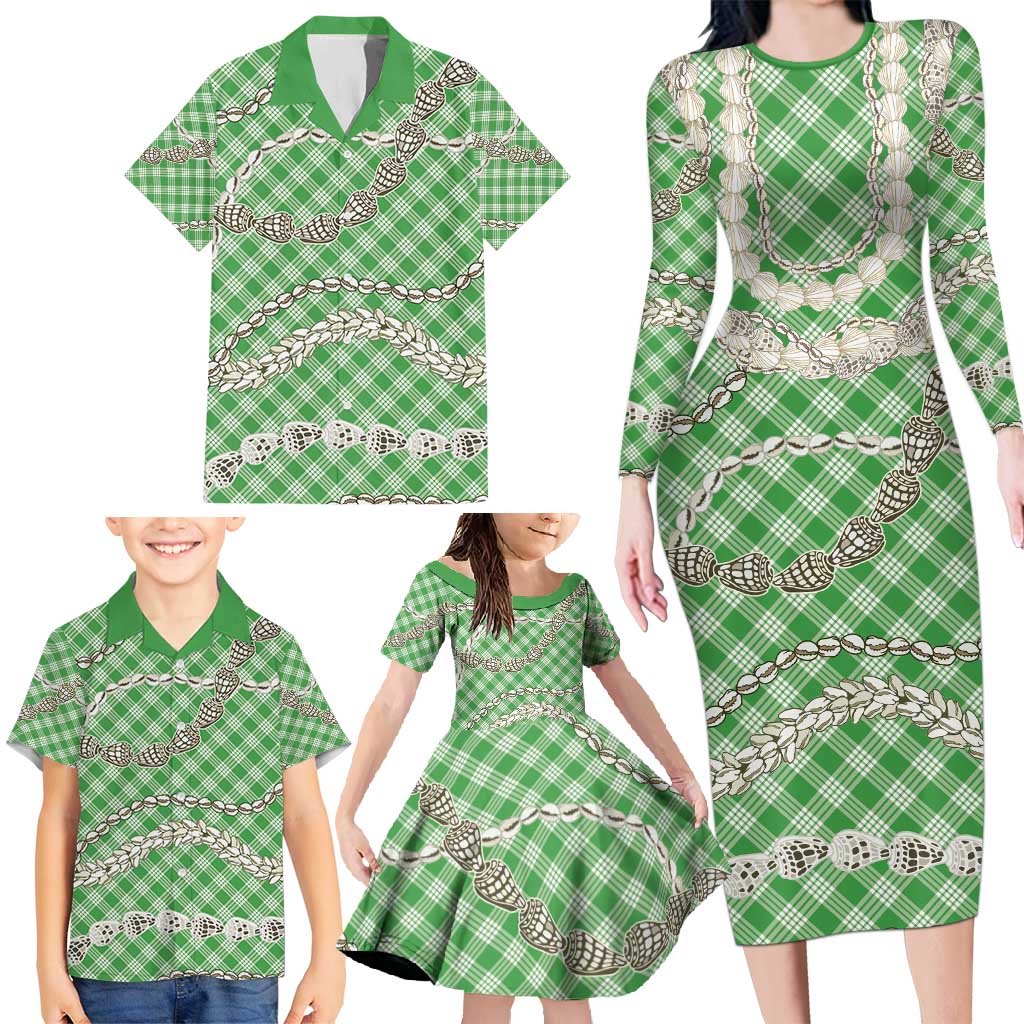 Green Aloha Hawaii Shell Lei Family Matching Long Sleeve Bodycon Dress and Hawaiian Shirt Palaka Hebrew Cone Honey Cowrie Elegant Curves - Polynesian Pride