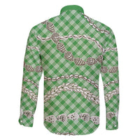 Green Aloha Hawaii Shell Lei Family Matching Long Sleeve Bodycon Dress and Hawaiian Shirt Palaka Hebrew Cone Honey Cowrie Elegant Curves - Polynesian Pride