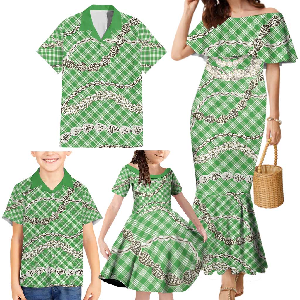 Green Aloha Hawaii Shell Lei Family Matching Mermaid Dress and Hawaiian Shirt Palaka Hebrew Cone Honey Cowrie Elegant Curves - Polynesian Pride