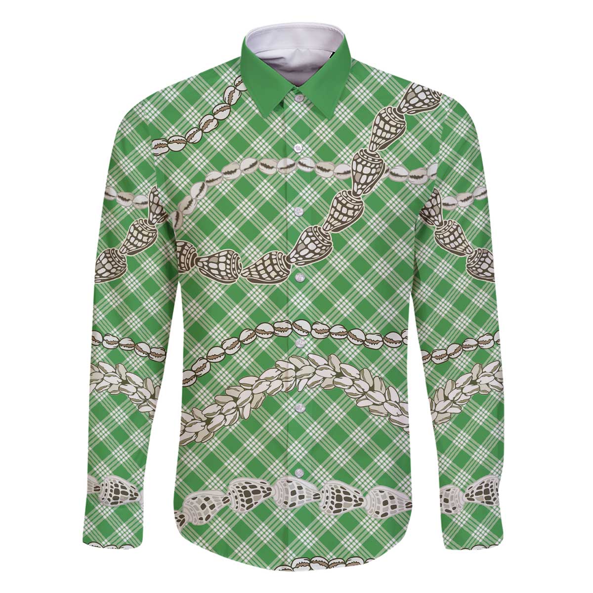 Green Aloha Hawaii Shell Lei Family Matching Off The Shoulder Long Sleeve Dress and Hawaiian Shirt Palaka Hebrew Cone Honey Cowrie Elegant Curves - Polynesian Pride
