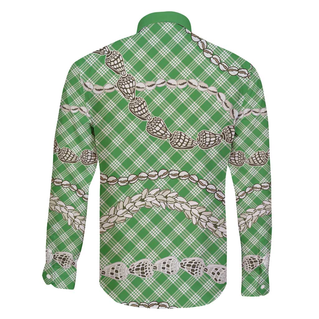 Green Aloha Hawaii Shell Lei Family Matching Off Shoulder Maxi Dress and Hawaiian Shirt Palaka Hebrew Cone Honey Cowrie Elegant Curves - Polynesian Pride