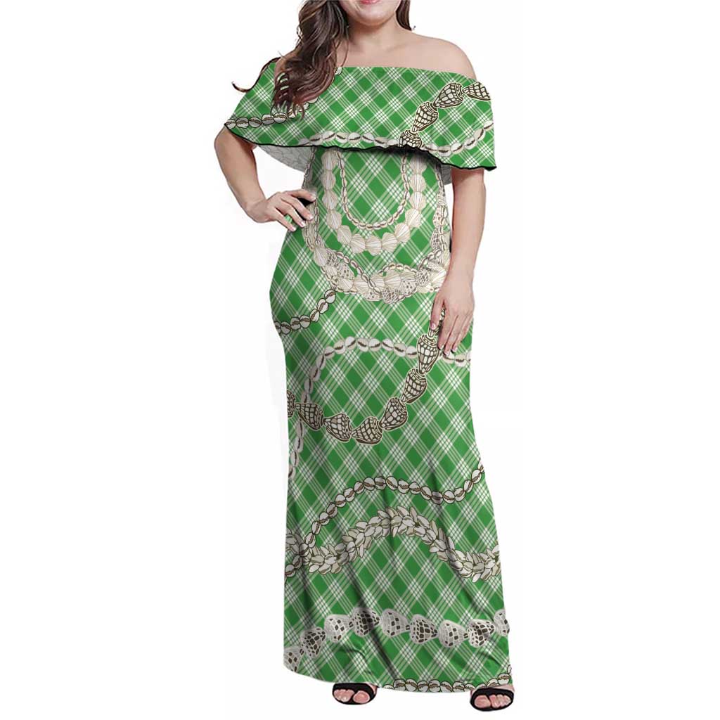 Green Aloha Hawaii Shell Lei Family Matching Off Shoulder Maxi Dress and Hawaiian Shirt Palaka Hebrew Cone Honey Cowrie Elegant Curves - Polynesian Pride