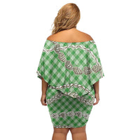 Green Aloha Hawaii Shell Lei Family Matching Off Shoulder Short Dress and Hawaiian Shirt Palaka Hebrew Cone Honey Cowrie Elegant Curves - Polynesian Pride