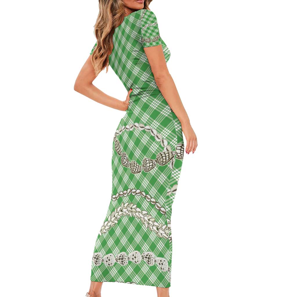 Green Aloha Hawaii Shell Lei Family Matching Short Sleeve Bodycon Dress and Hawaiian Shirt Palaka Hebrew Cone Honey Cowrie Elegant Curves - Polynesian Pride