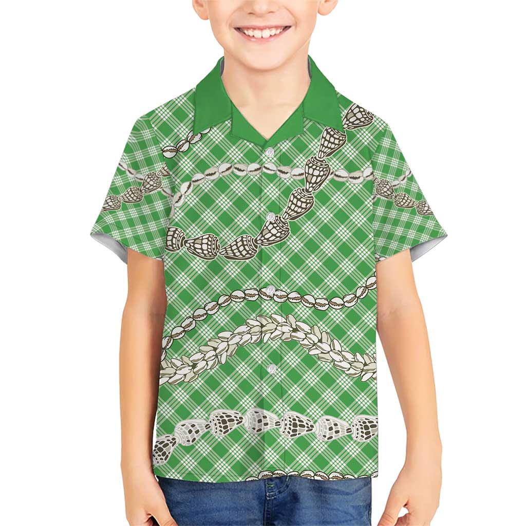 Green Aloha Hawaii Shell Lei Family Matching Short Sleeve Bodycon Dress and Hawaiian Shirt Palaka Hebrew Cone Honey Cowrie Elegant Curves - Polynesian Pride