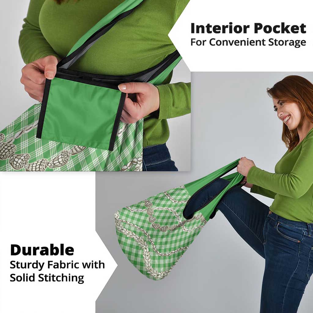 Green Aloha Hawaii Shell Lei Grocery Bag Palaka Hebrew Cone Honey Cowrie Elegant Curves - Polynesian Pride