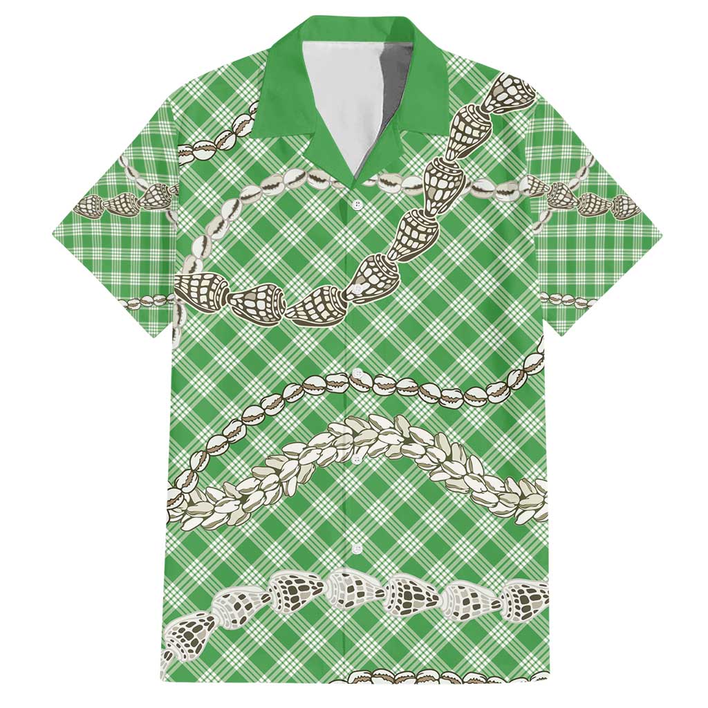 Green Aloha Hawaii Shell Lei Hawaiian Shirt Palaka Hebrew Cone Honey Cowrie Elegant Curves - Polynesian Pride