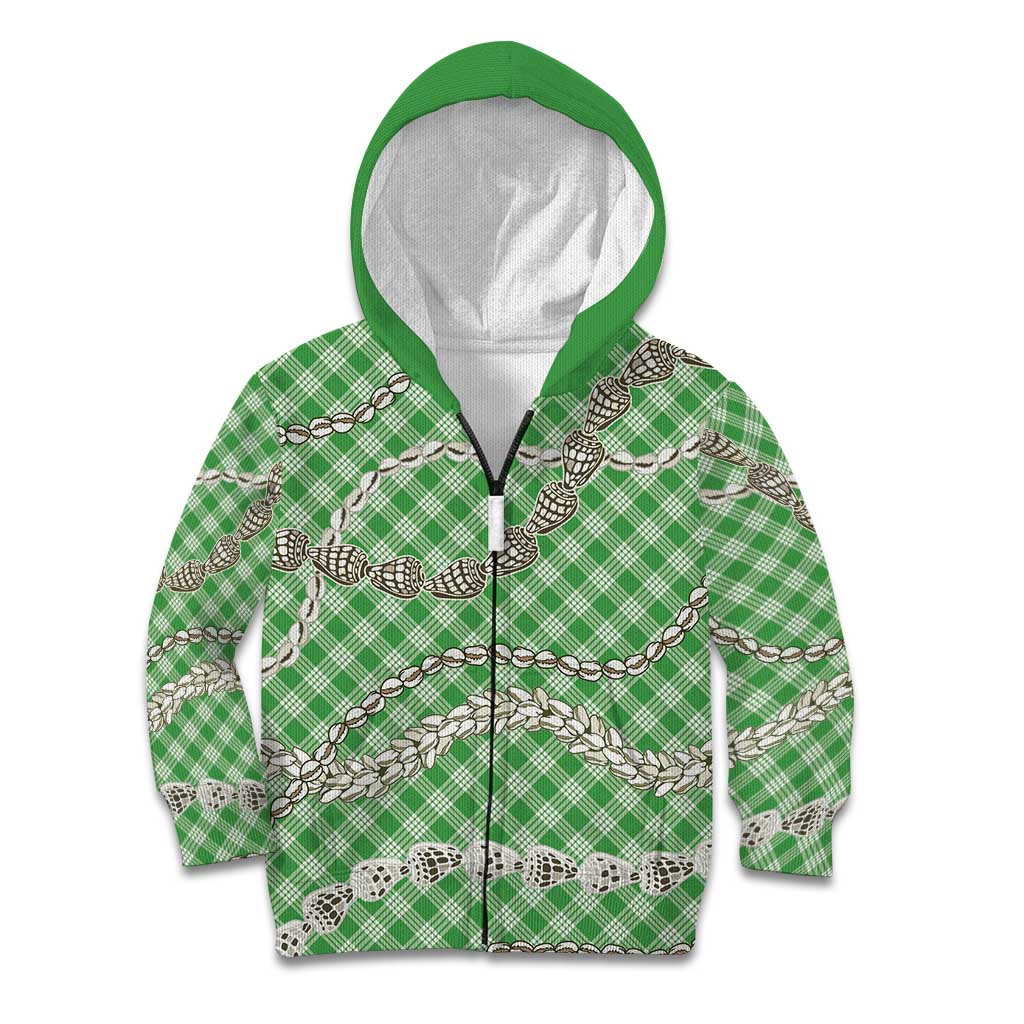 Green Aloha Hawaii Shell Lei Kid Hoodie Palaka Hebrew Cone Honey Cowrie Elegant Curves - Polynesian Pride