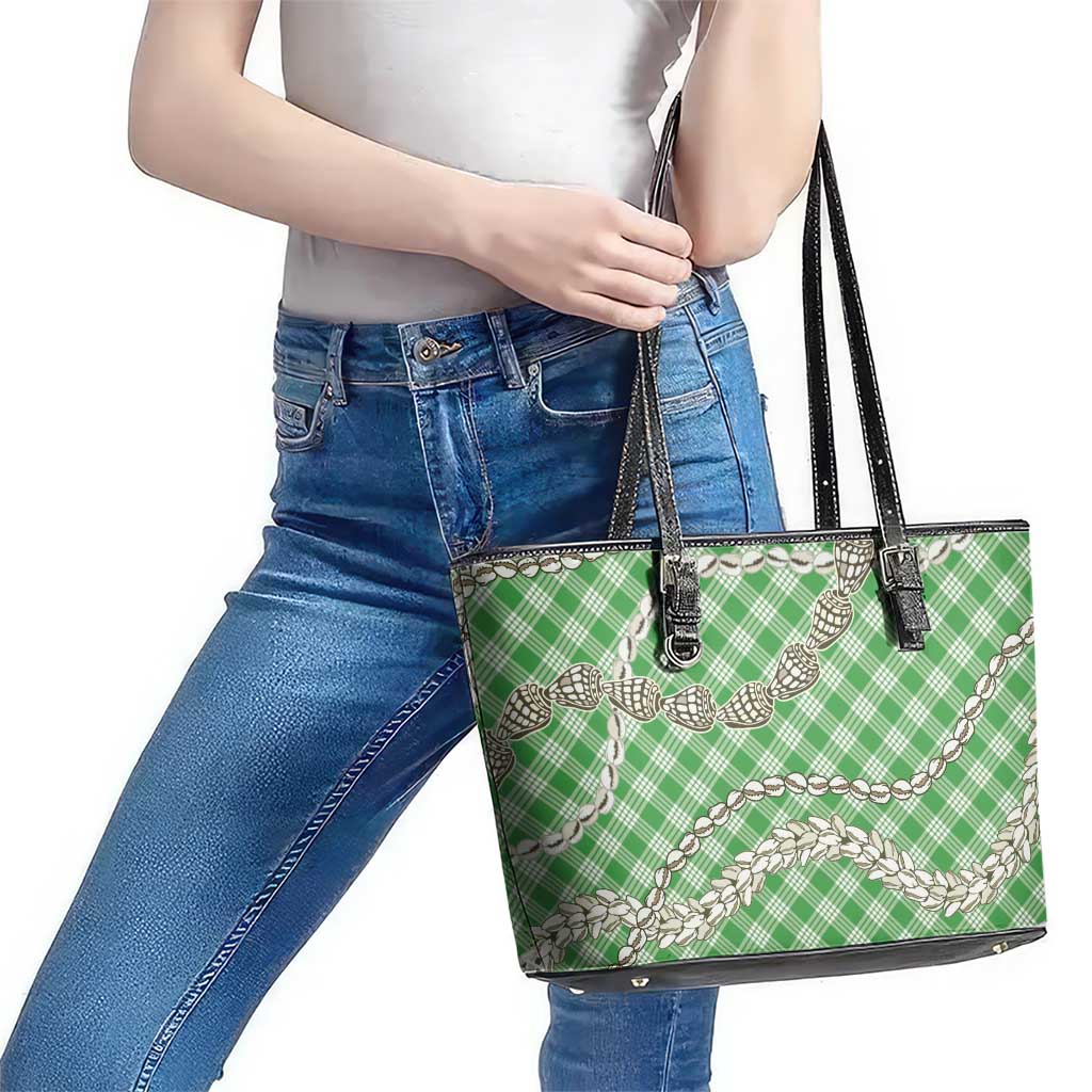 Green Aloha Hawaii Shell Lei Leather Tote Bag Palaka Hebrew Cone Honey Cowrie Elegant Curves - Polynesian Pride