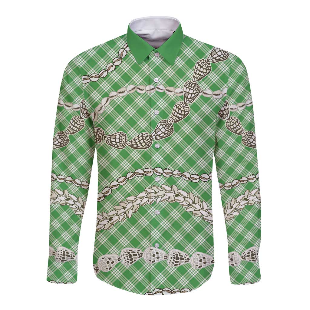 Green Aloha Hawaii Shell Lei Long Sleeve Button Shirt Palaka Hebrew Cone Honey Cowrie Elegant Curves - Polynesian Pride