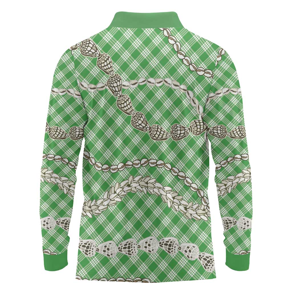 Green Aloha Hawaii Shell Lei Long Sleeve Polo Shirt Palaka Hebrew Cone Honey Cowrie Elegant Curves - Polynesian Pride