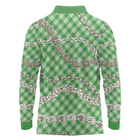 Green Aloha Hawaii Shell Lei Long Sleeve Polo Shirt Palaka Hebrew Cone Honey Cowrie Elegant Curves - Polynesian Pride