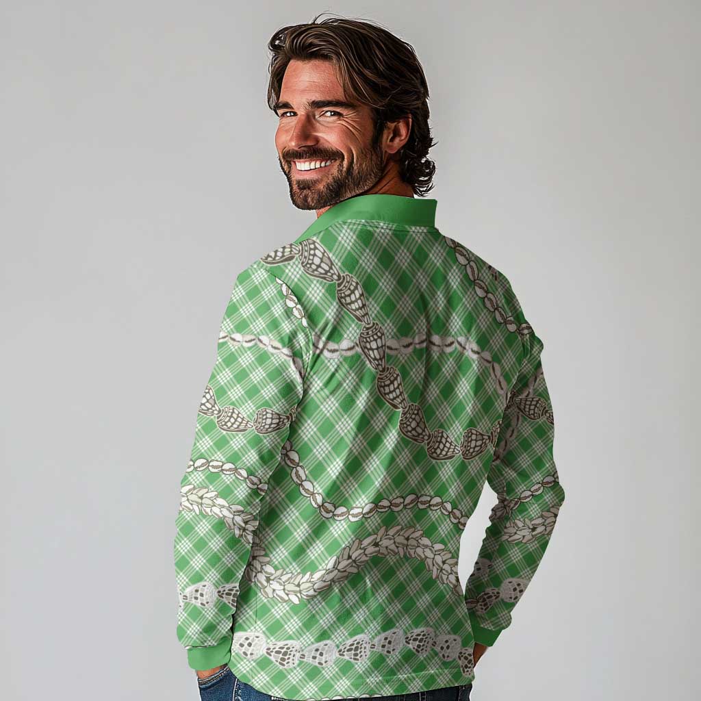 Green Aloha Hawaii Shell Lei Long Sleeve Polo Shirt Palaka Hebrew Cone Honey Cowrie Elegant Curves - Polynesian Pride