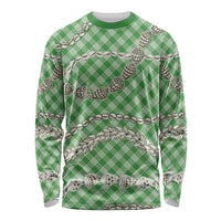 Green Aloha Hawaii Shell Lei Long Sleeve Shirt Palaka Hebrew Cone Honey Cowrie Elegant Curves - Polynesian Pride