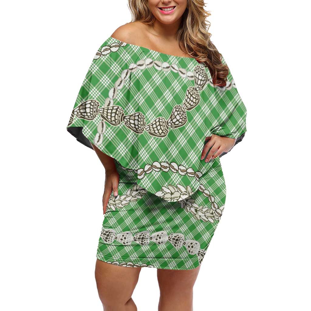 Green Aloha Hawaii Shell Lei Off Shoulder Short Dress Palaka Hebrew Cone Honey Cowrie Elegant Curves - Polynesian Pride