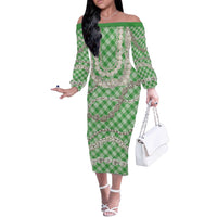 Green Aloha Hawaii Shell Lei Off The Shoulder Long Sleeve Dress Palaka Hebrew Cone Honey Cowrie Elegant Curves - Polynesian Pride