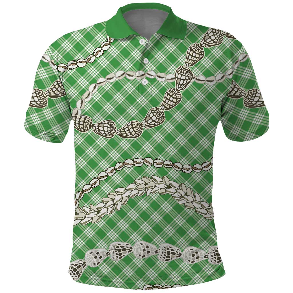 Green Aloha Hawaii Shell Lei Polo Shirt Palaka Hebrew Cone Honey Cowrie Elegant Curves LT14 Green - Polynesian Pride