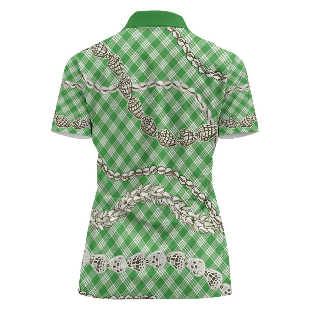 Green Aloha Hawaii Shell Lei Women Polo Shirt Palaka Hebrew Cone Honey Cowrie Elegant Curves - Polynesian Pride