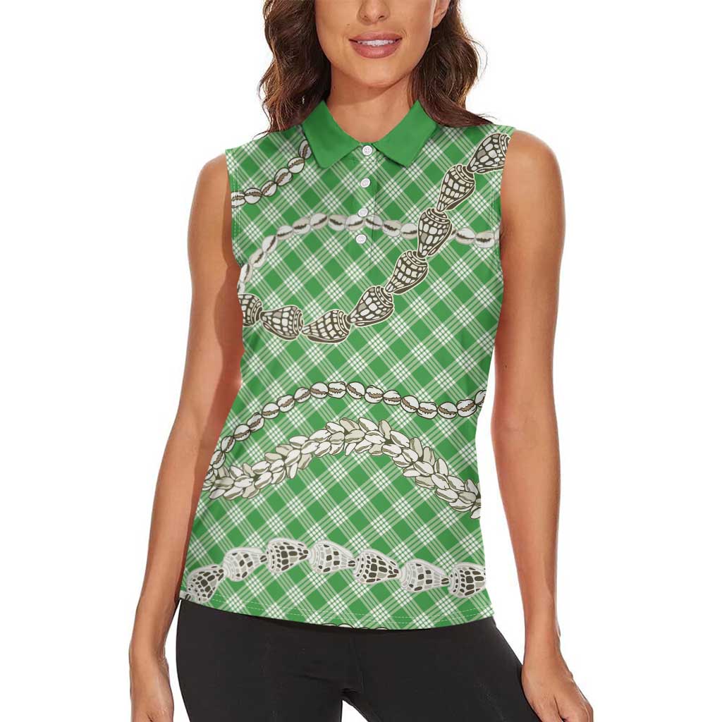 Green Aloha Hawaii Shell Lei Women Sleeveless Polo Shirt Palaka Hebrew Cone Honey Cowrie Elegant Curves - Polynesian Pride