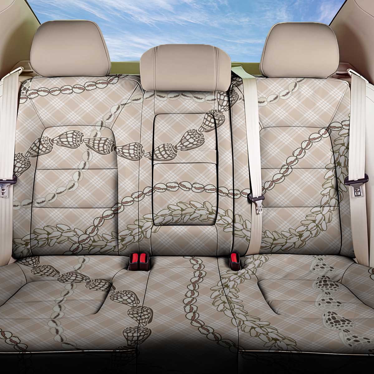 Beige Aloha Hawaii Shell Lei Back Car Seat Cover Palaka Hebrew Cone Honey Cowrie Elegant Curves - Polynesian Pride