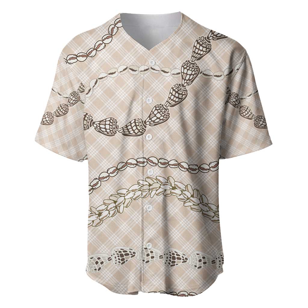 Beige Aloha Hawaii Shell Lei Baseball Jersey Palaka Hebrew Cone Honey Cowrie Elegant Curves - Polynesian Pride