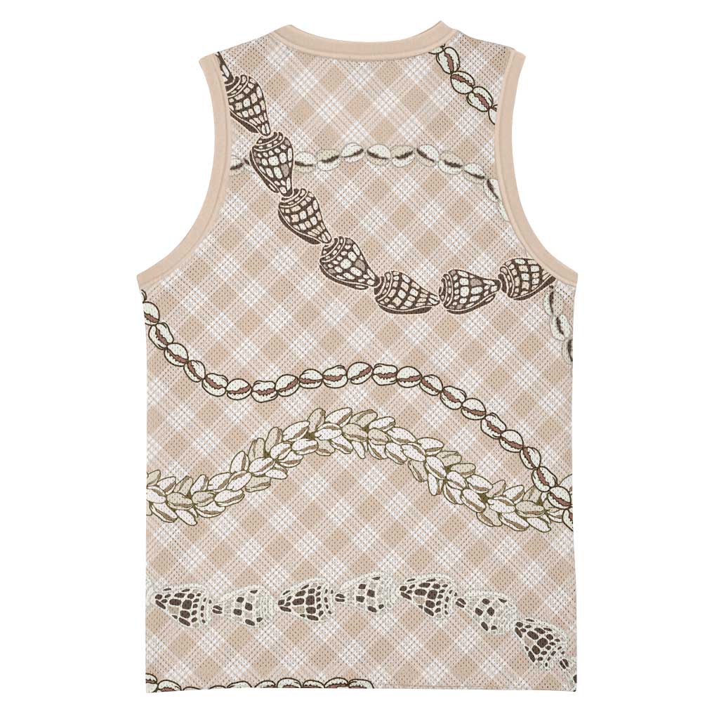 Beige Aloha Hawaii Shell Lei Basketball Jersey Palaka Hebrew Cone Honey Cowrie Elegant Curves - Polynesian Pride