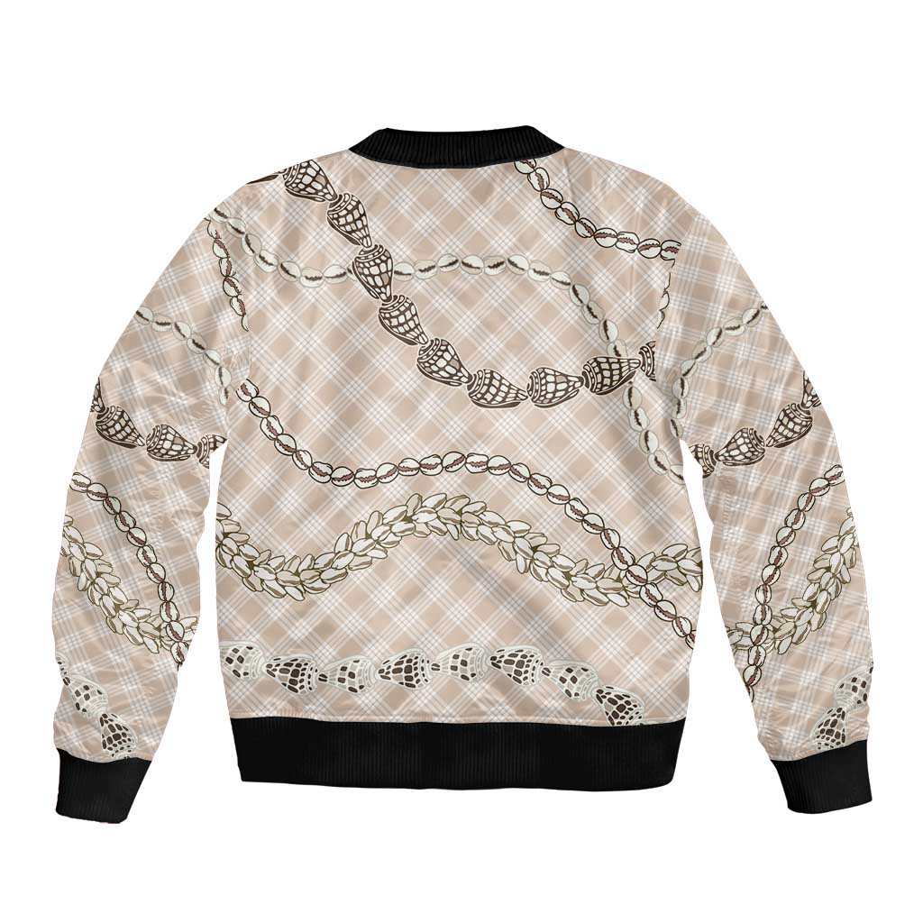 Beige Aloha Hawaii Shell Lei Bomber Jacket Palaka Hebrew Cone Honey Cowrie Elegant Curves - Polynesian Pride