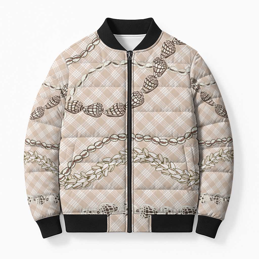 Beige Aloha Hawaii Shell Lei Bomber Puffer Jacket Palaka Hebrew Cone Honey Cowrie Elegant Curves - Polynesian Pride