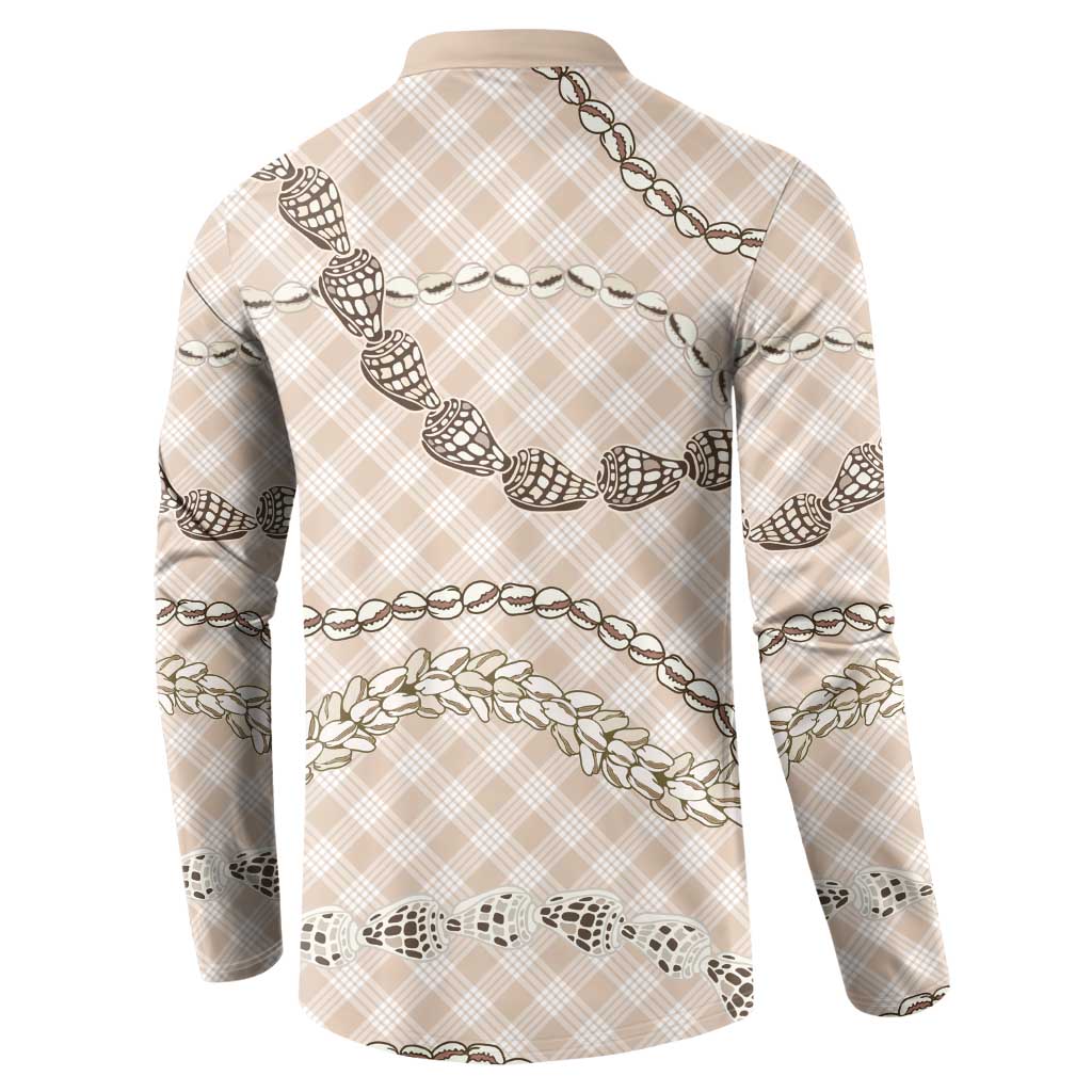 Beige Aloha Hawaii Shell Lei Button Sweatshirt Palaka Hebrew Cone Honey Cowrie Elegant Curves - Polynesian Pride