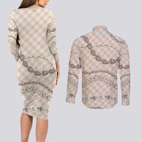 Beige Aloha Hawaii Shell Lei Couples Matching Long Sleeve Bodycon Dress and Long Sleeve Button Shirt Palaka Hebrew Cone Honey Cowrie Elegant Curves - Polynesian Pride