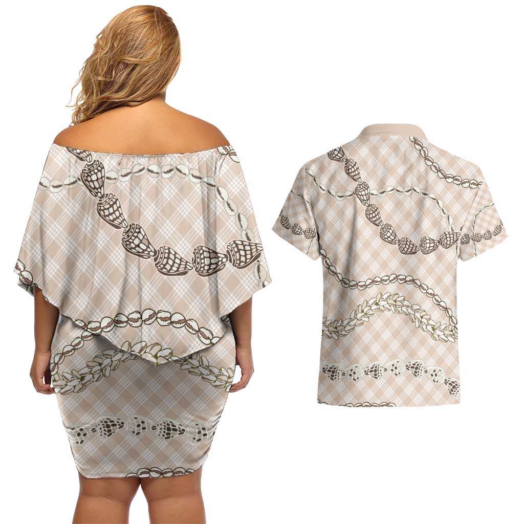 Beige Aloha Hawaii Shell Lei Couples Matching Off Shoulder Short Dress and Hawaiian Shirt Palaka Hebrew Cone Honey Cowrie Elegant Curves - Polynesian Pride